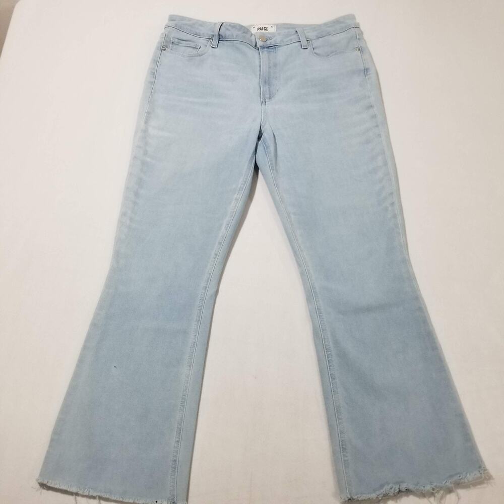 Paige Denim 32 Colette Crop Flare Jeans Fringe Raw Hem Bossanova Cropped Ankle
